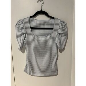 Shein Top Women's Size S White Blue Striped Puff Short Sleeve Polyester‎ Blend